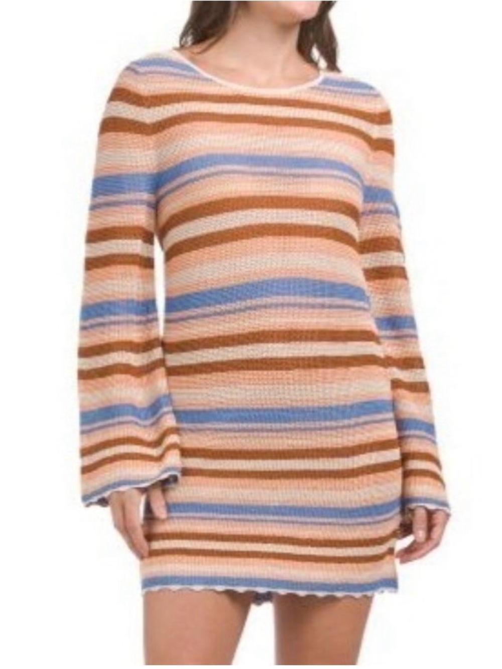 Cinq a Sept Greer Striped Knit Sweater Dress in Peach, Brown & Blue